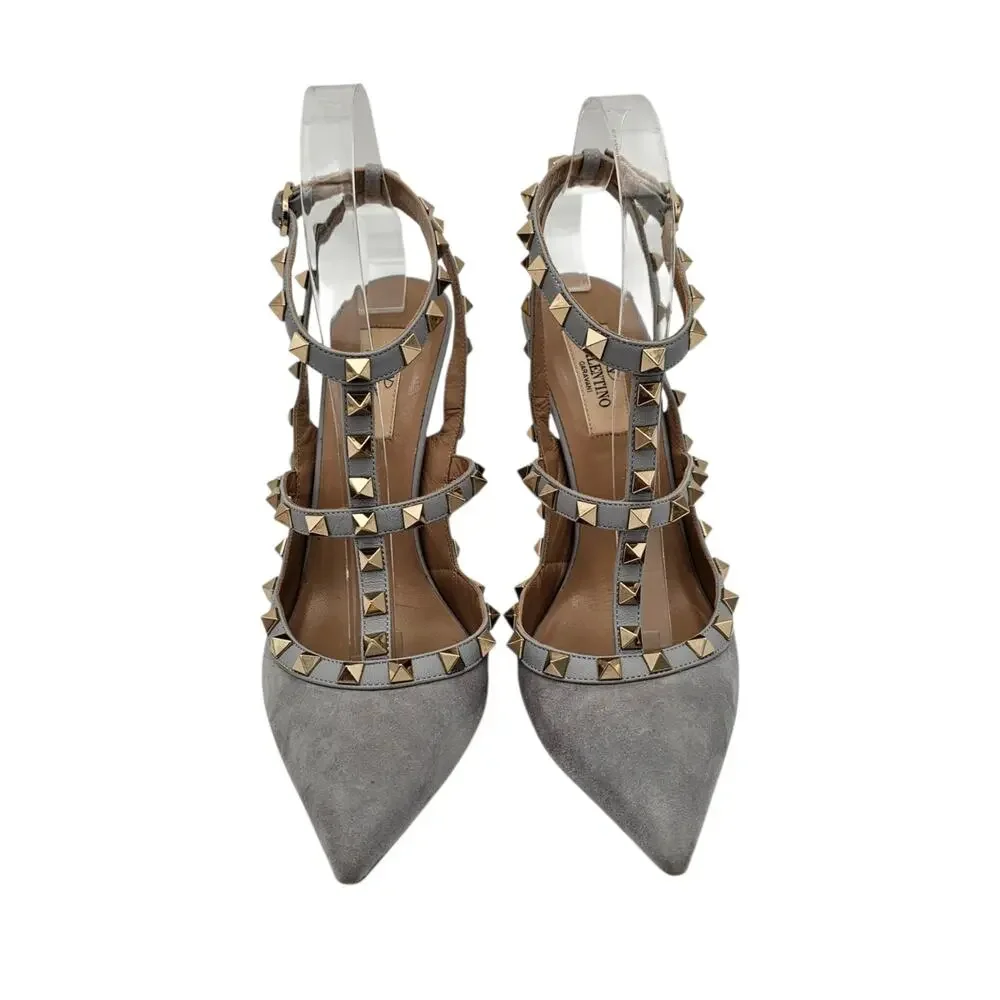 Valentino Garavani Rockstud Cage Heel Pump T Strap Gray Suede Gold Size 38 US 8